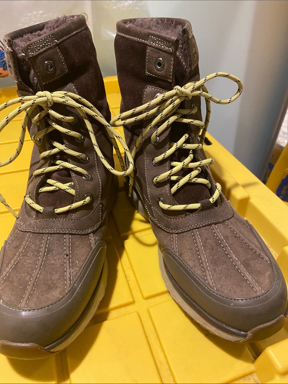 UGG Brown Lace-Up Outdoor Winter Boots with Yellow Contrast Laces